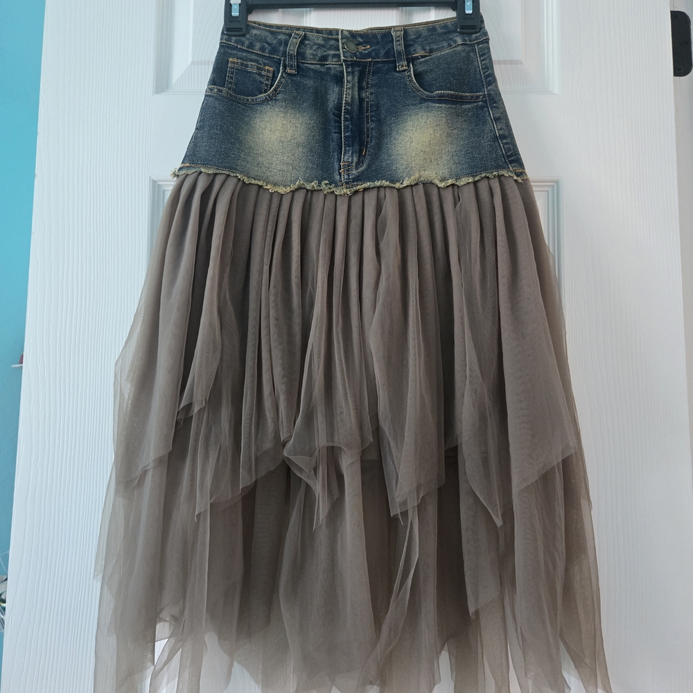 Denim and Brown Tulle Layered Skirt